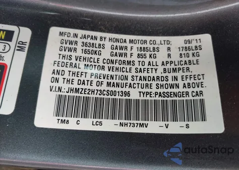 2012 Honda Insight Ex from USA, damaged, VIN JHMZE2H73CS001396